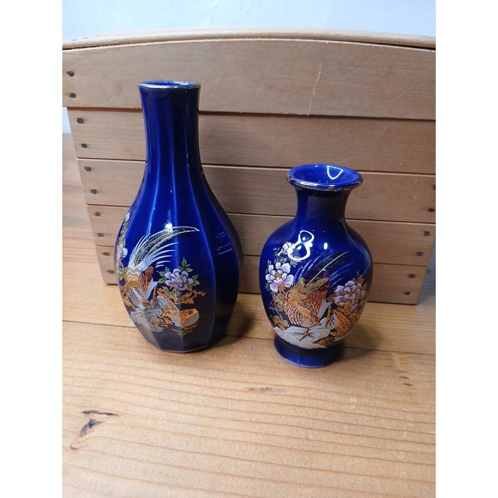 2 vintage small Japanese cobalt blue flower vases pheasant bird#23